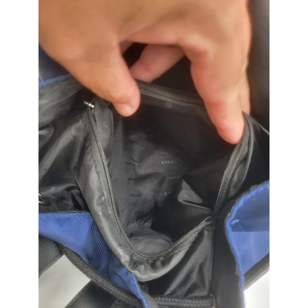 Versace Parfums Navy Blue Nylon Medusa Drawstring Backpack Greca Straps Bag